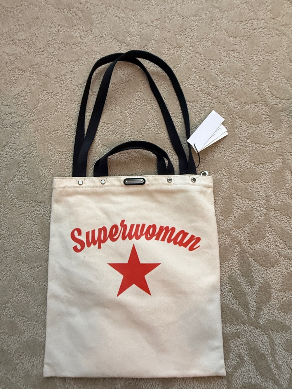 Rebecca Minkoff Cream Canvas Tote with Red 'Superwoman' Print and Black Straps